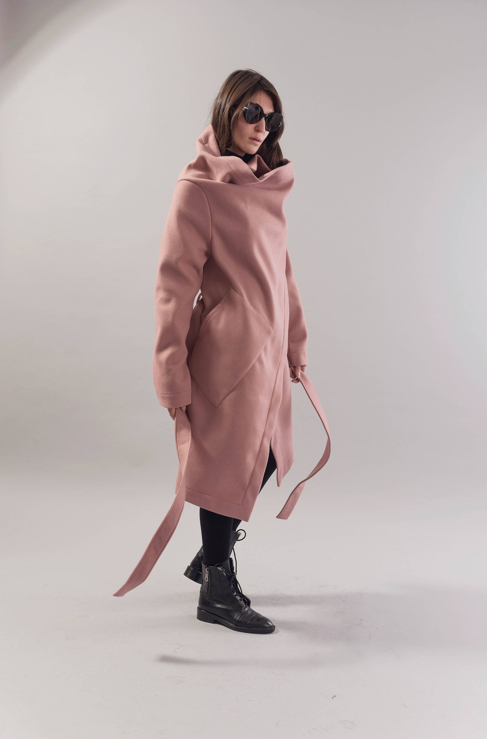 Pale Pink Wool Blend Coat/winter Cape Coat/cashmere Wool Etsy