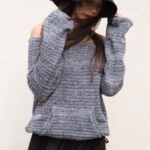 Handmade Grаy Melange Asymmetrical Sweater/Knitwear Dress/Long Pullover/Loose Plus Size Sweater/ Off Shoulder Sweater/Knit Blouse/Top/F1553 image 3