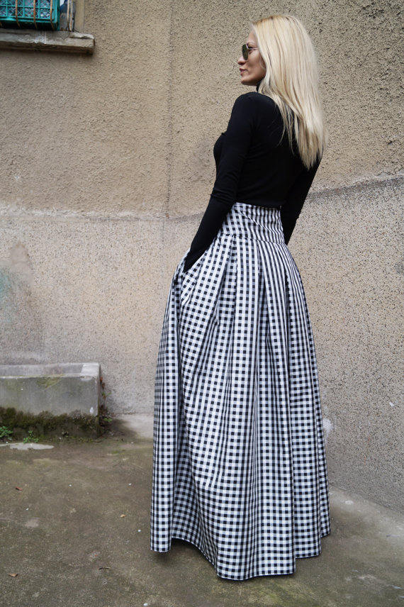 Gingham Lovely Black and White Long Maxi Skirt/High or Low | Etsy