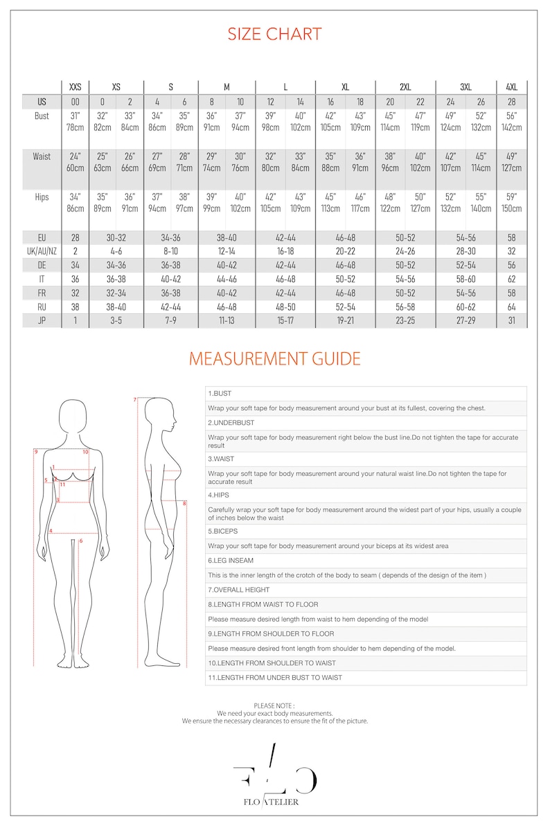 Op de afbeelding: Maattabel voor kleding met metingen in inches en centimeters. De tabel bevat maten van XOXS tot 4XL. De tabel bevat ook een meetgids met illustraties van hoe je verschillende delen van het lichaam moet meten.