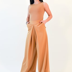 Beige Pants Skirt/High Waist Pants/Pockets/Wide Leg Pants/Comfortable pants skirt/Beige Handmade Pants/Plated Pants/Elegant Skirt/F2018 image 6