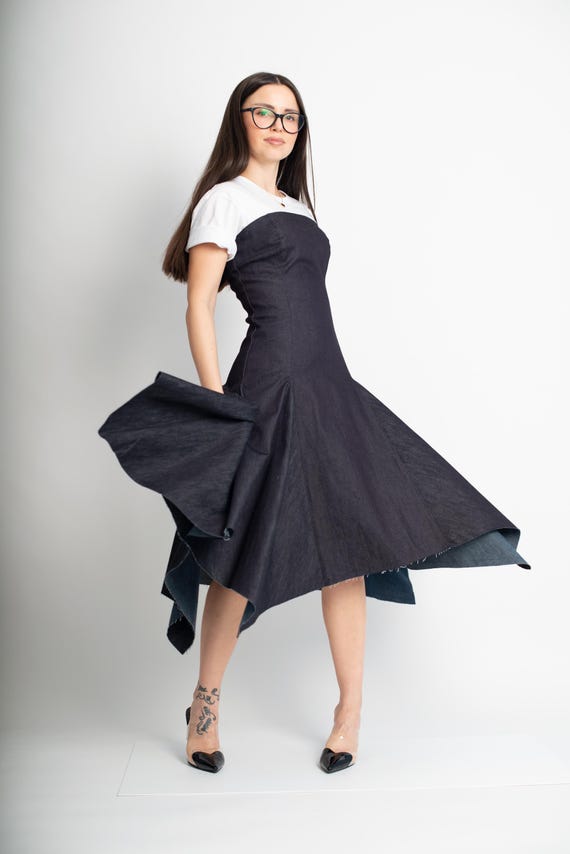 Handmade Denim Cotton Dress/Custom Made Asymmetrical Strapless Dress/Unique Sustainable Fashion/Modern Denim Dress/F5037