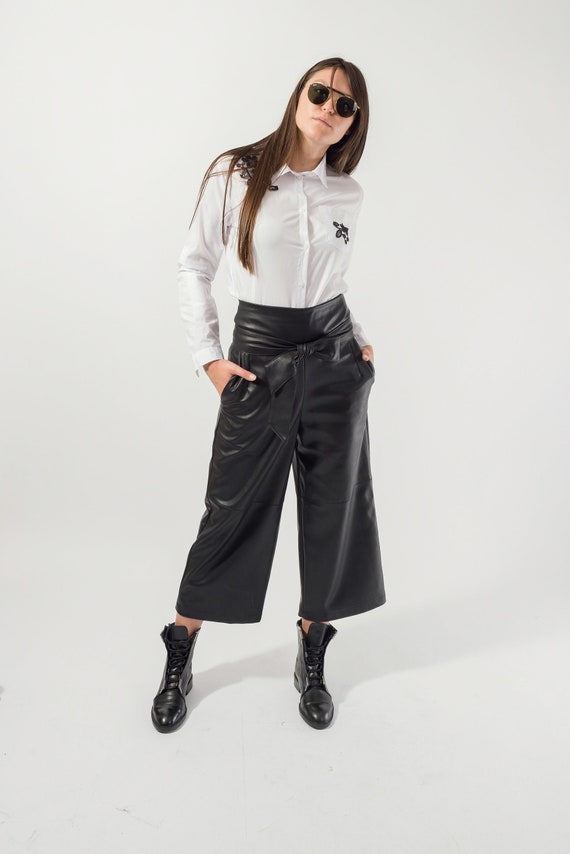 Eco Leather Wide Leg Pants/high Waisted Belted Trousers/wide Leg