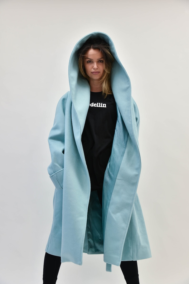 Hooded Long Wool Coat/Winter Cape Coat/Cashmere Wool Coat /Long Sleeve Trench Coat Large Pockets Coat/Casual Autumn Winter Blue Coat/F2208 image 7