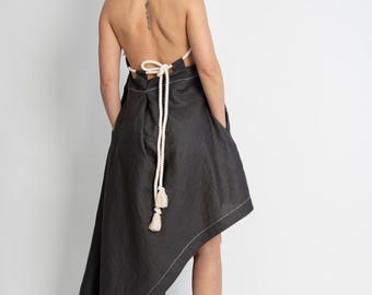 Asymmetrical Linen Dress, Open Back Boho Summer Kaftan, Loose Fit Customizable Gown/F5099