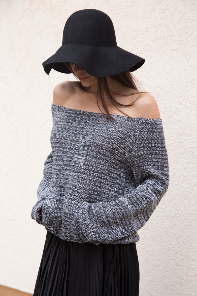 Handmade Grаy Melange Asymmetrical Sweater/Knitwear Dress/Long Pullover/Loose Plus Size Sweater/ Off Shoulder Sweater/Knit Blouse/Top/F1553 image 5