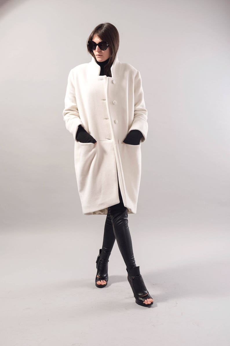 Straight Coat/Off White Coat/Wool Cashmere Coat/Winter Coat/Oversize Coat/Unstructured Coat/Asymmetrical Coat/Extravagant Coat/F1731 image 3