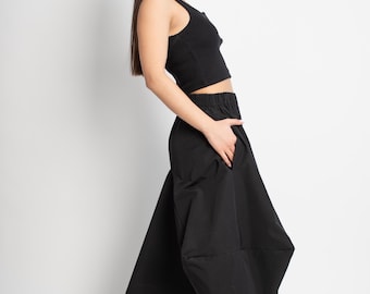 Asymmetrical Taffeta Skirt/Lovely Black Maxi Skirt/Sculptural Skirt with Pockets/Statement Skirt/Avant-Garde Maxi Skirt/Formal Skirt/F5076