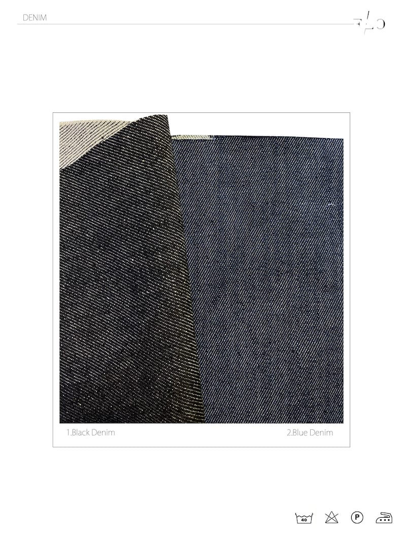 Op de afbeelding: Close-up van twee denim stofstalen. De linker staal is van zwarte denim en de rechter staal is van blauwe denim. De stalen zijn over elkaar gevouwen.