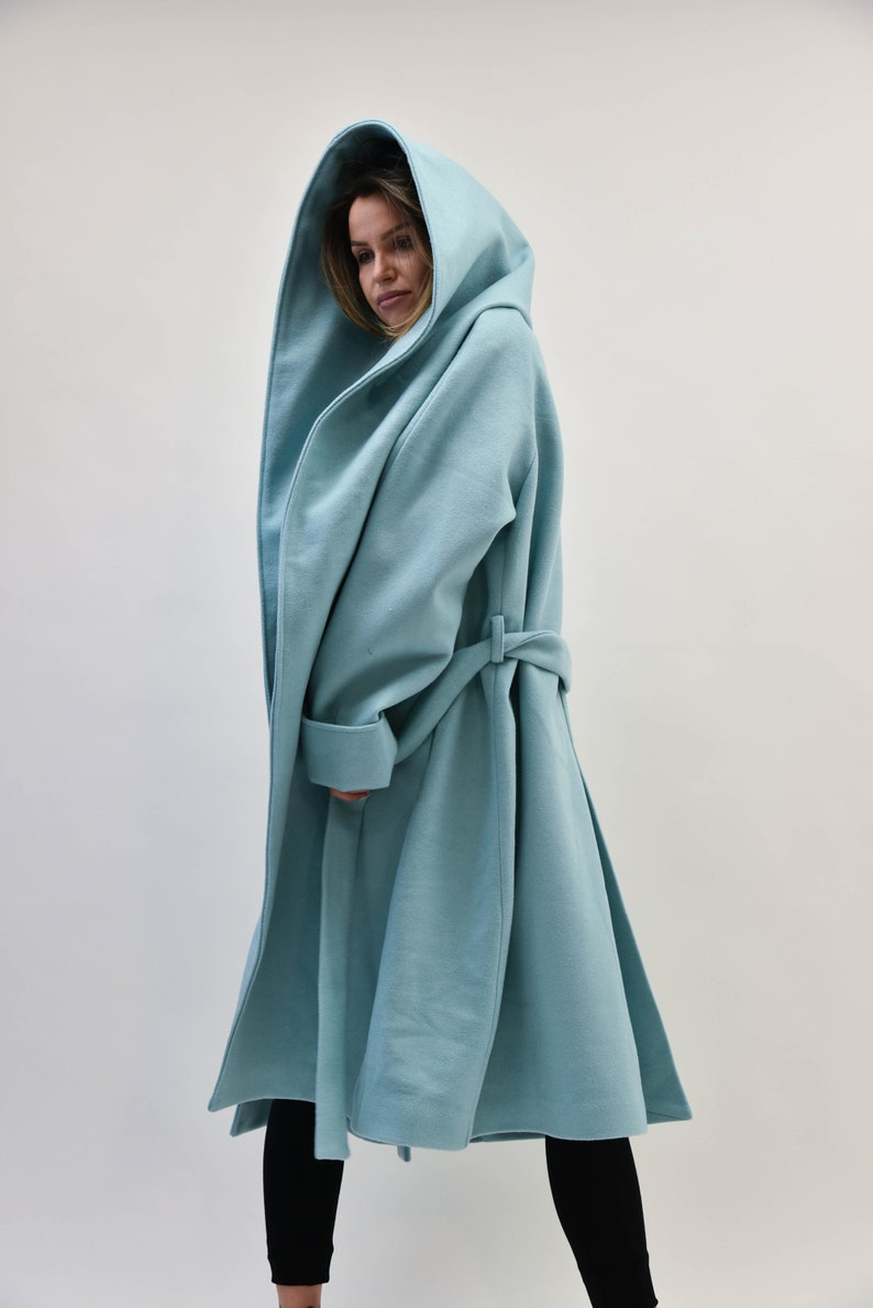 Hooded Long Wool Coat/Winter Cape Coat/Cashmere Wool Coat /Long Sleeve Trench Coat Large Pockets Coat/Casual Autumn Winter Blue Coat/F2208 image 4