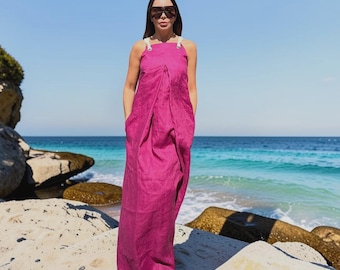 Made to Measure 100% Linen Maxi Dress: Tie Strap and Pockets Kaftan/F2130
