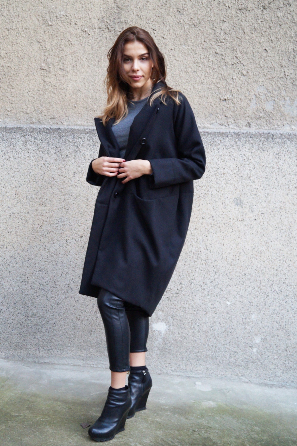Black Coat/Wool Cashmere Coat/Winter Coat/Oversize | Etsy