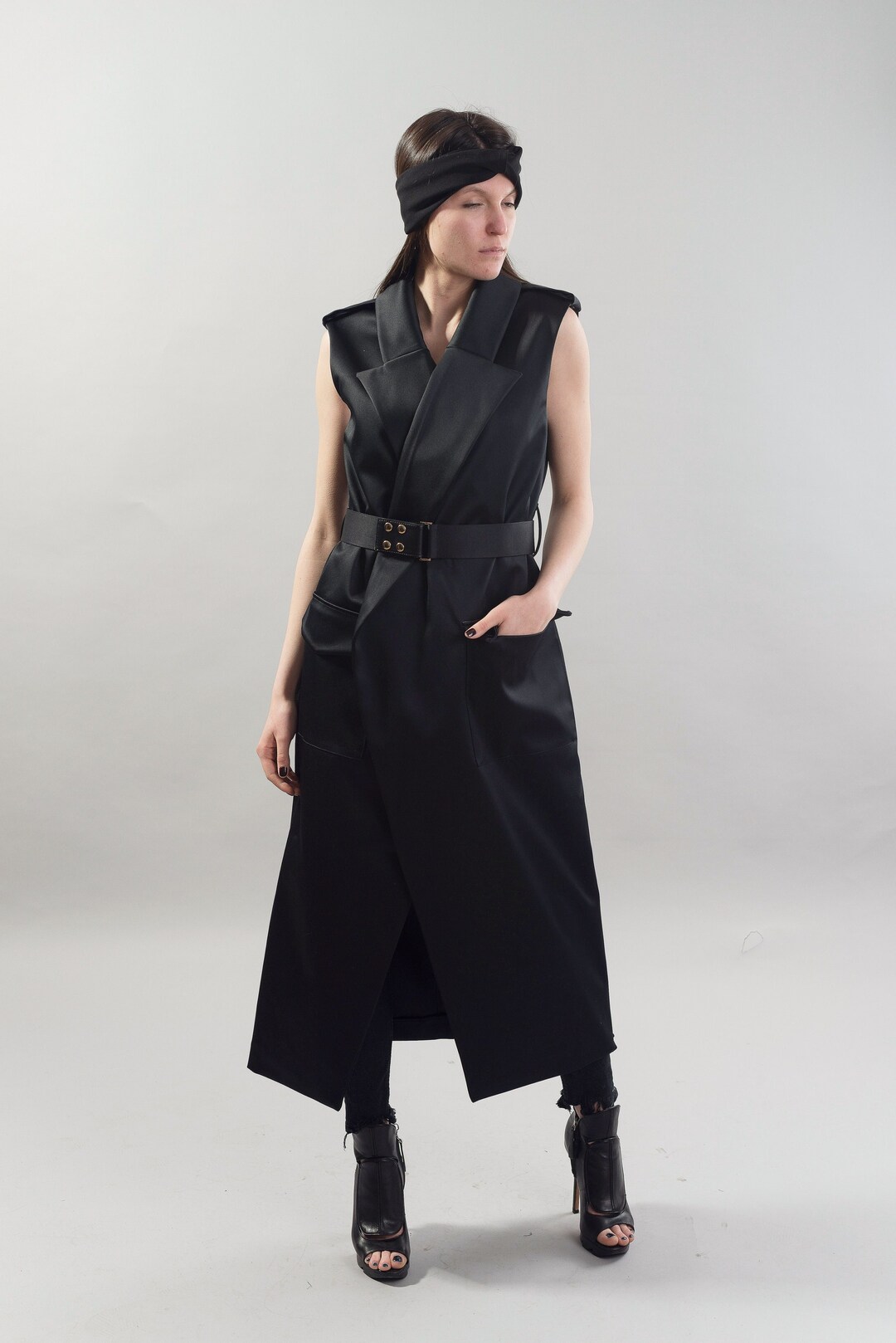 High Collar Vest/asymmetrical Vest With Pockets/long Satin Etsy
