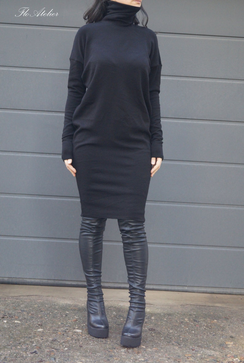 Black Loose Sweater DressCozy PulloverSweater DressKnit DressWomen Turtleneck DressMaxi BlouseOversize Knit TopKnit TunicF1543