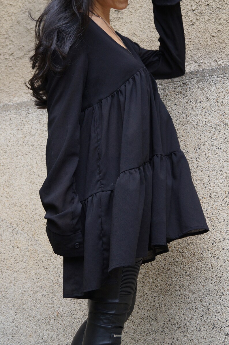 Women ShirtLong S.leeved ShirtRuffle ShirtBlack TopBlack ShirtFall shirtSexy ShirtFashion ShirtLoose Tunic Drape ShirtF1511