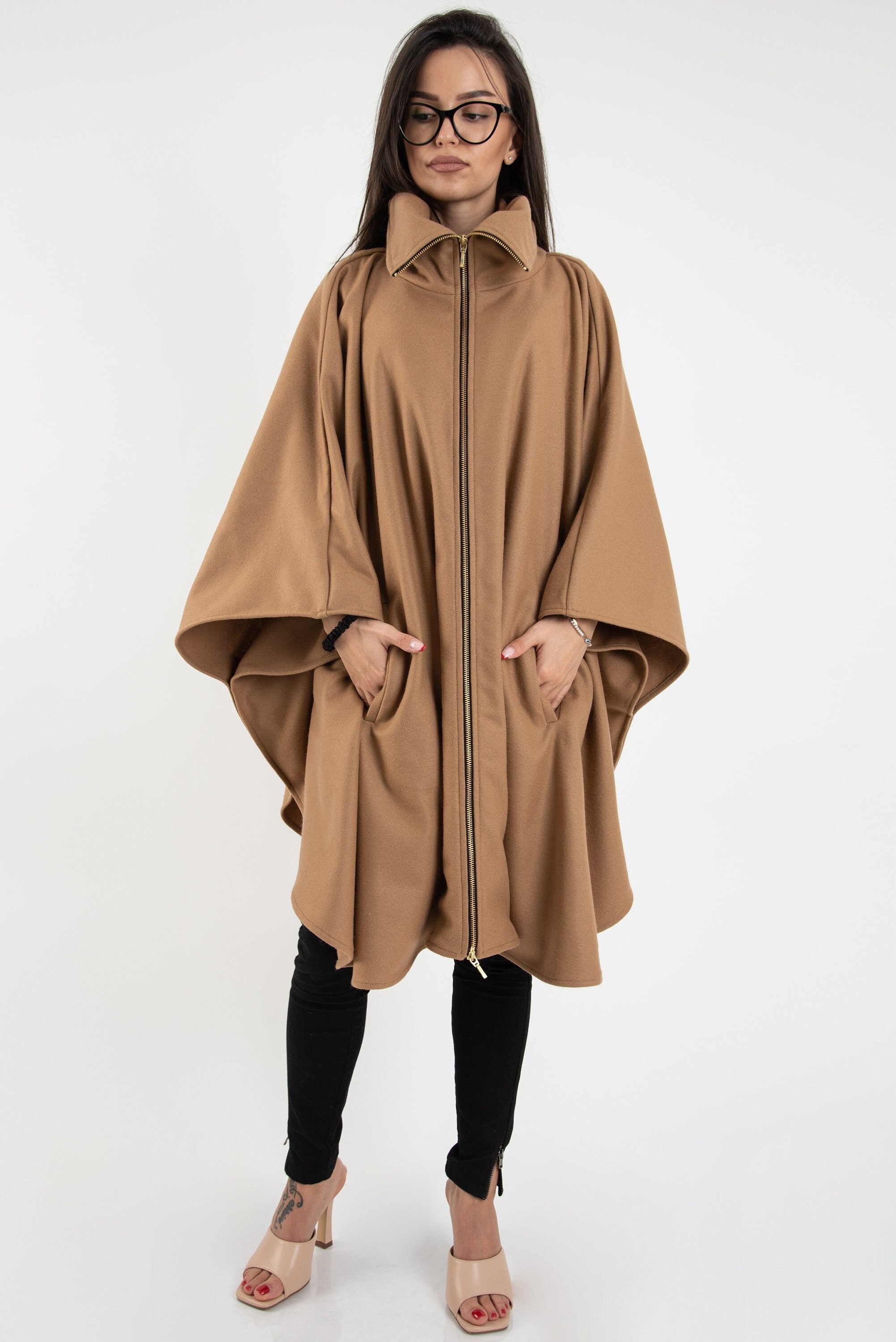 Winter Cape Coat/zipped Cape Women/wool Cape/cape Jacket/fashion