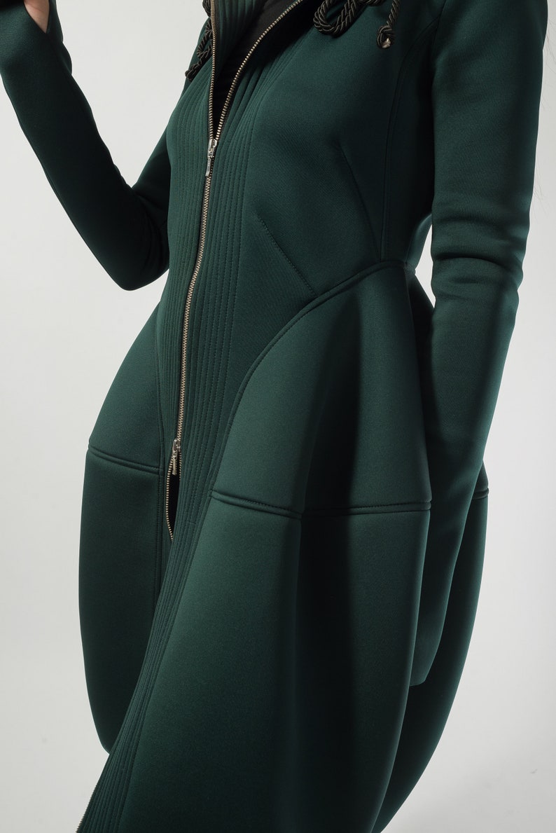 Hooded Long Neoprene Coat/Winter Cape Coat/Neoprene Coat/Long Sleeve Trench Coat/Large Pockets Coat/Autumn Winter Green Coat/F1824 image 7