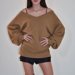 Handmade Oversized Sweater/Knitwear Top/Sweater Dress/Camel Long Pullover/Loose Plus Size Sweater/Off Shoulder Sweater/Camel Blouse/F1806 image 5