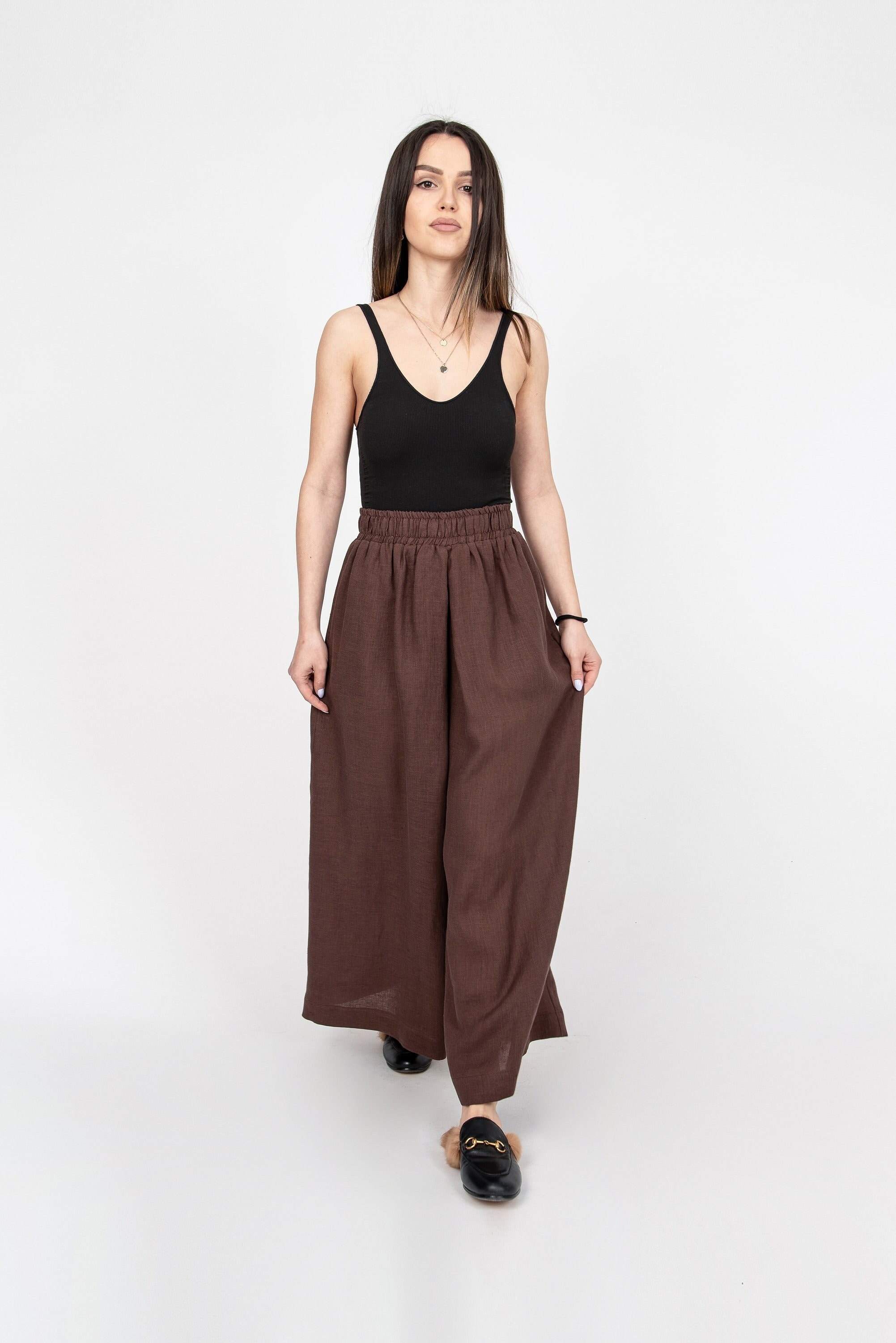 Brown Linen Harem Pants, High Waist Palazzo Trousers/F2400