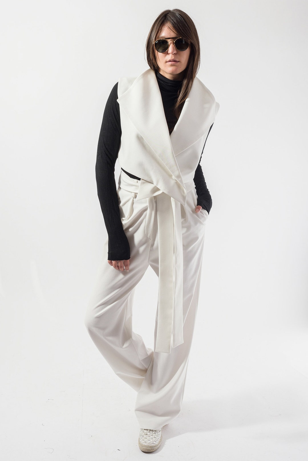 High Collar Vest/asymmetrical Vest With Pockets/wool Etsy