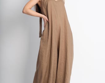 Handmade Linen Jumpsuit, Custom Wide-Leg Sleeveless Overalls/F5097