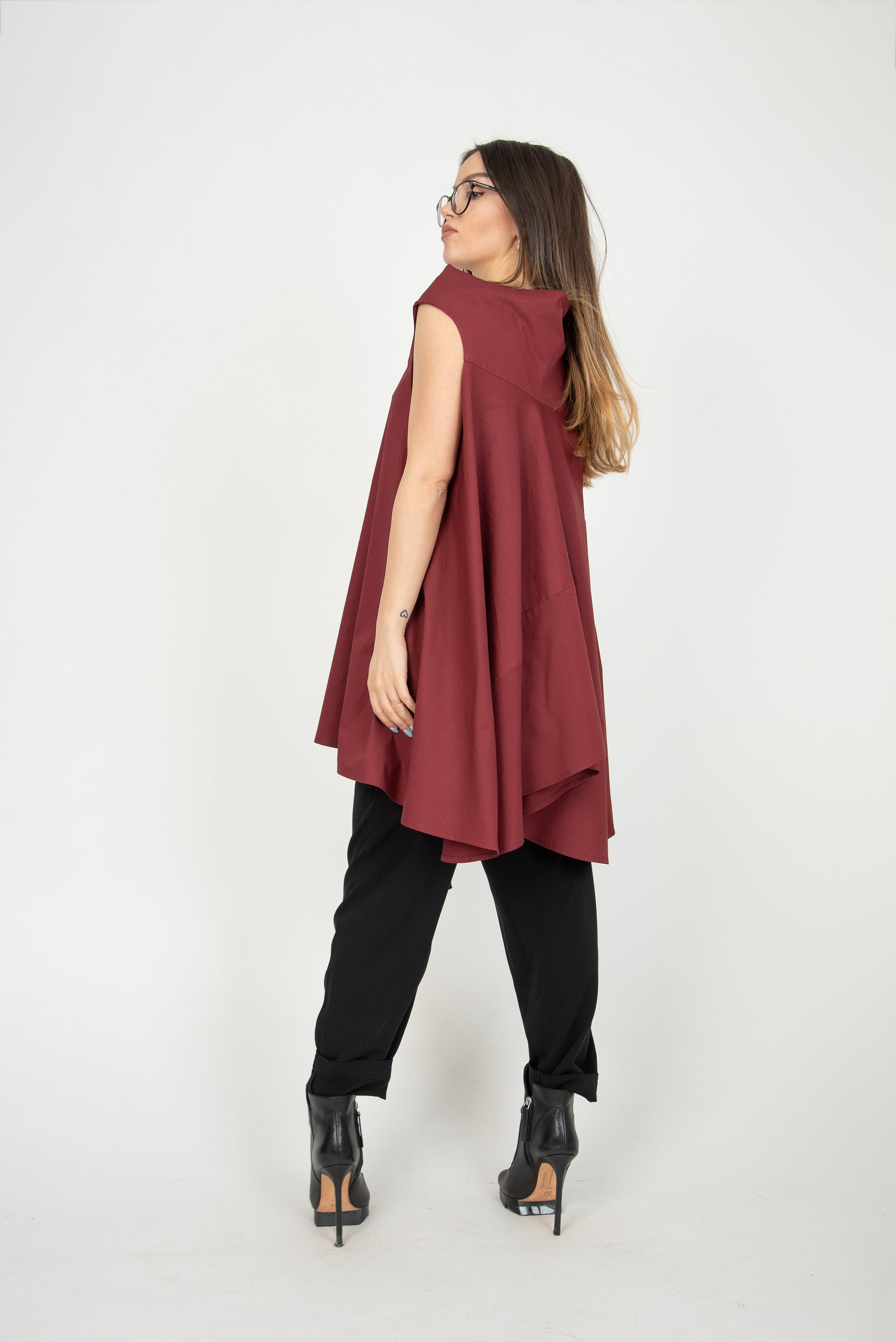 Burgundy Blouse/Asymmetric Tunic/Sleeveless Cotton Top/Poplin | Etsy