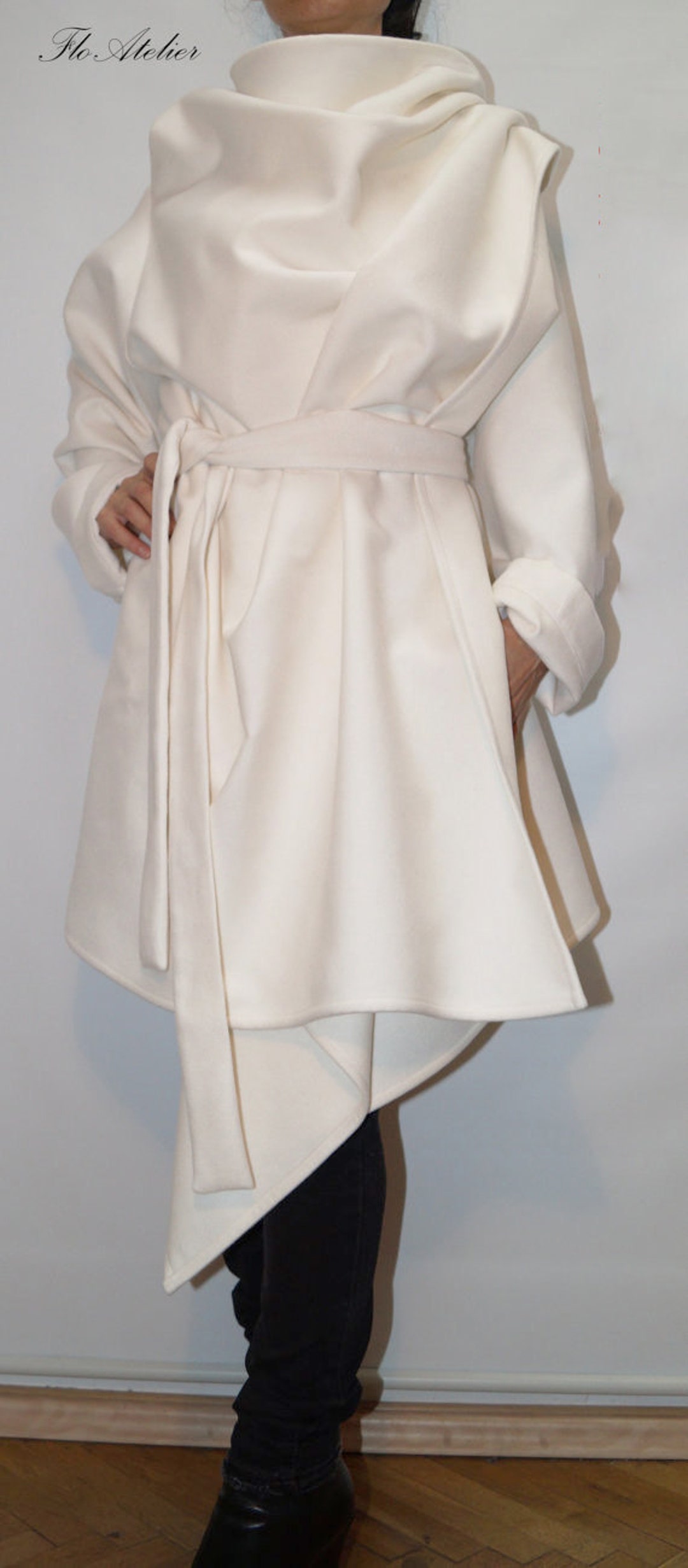 White High Collar Coat/winter Coat/wool Cashmere Blend Coat/asymmetrical Coat/extravagant Coat