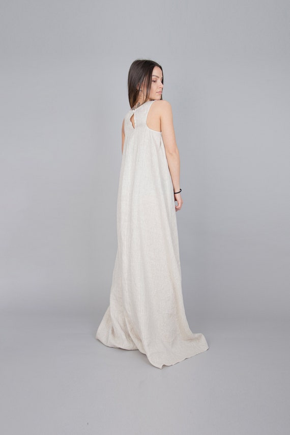 Organic Linen Asymmetrical Maxi Dress, Sleeveless Convertible Dress
