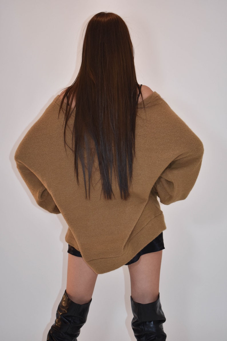 Handmade Oversized Sweater/Knitwear Top/Sweater Dress/Camel Long Pullover/Loose Plus Size Sweater/Off Shoulder Sweater/Camel Blouse/F1806 image 4
