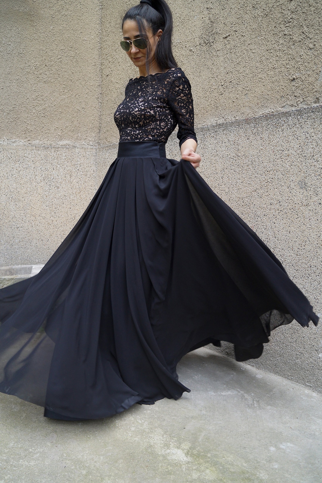 スカート Basic sweatshirt long skirt black Summer Long Skirt/handmade Black Skirt/black Chiffon Skirt