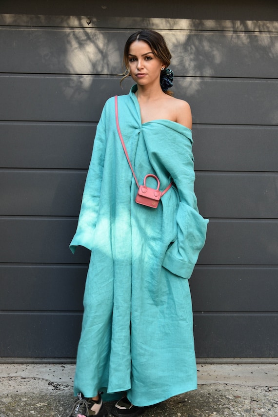 Kaftan Dress with Pockets /Handmade Linen Dress/Shirt Dress/Casual Dress/Oversized Dress/Collared Dress/Summer Dress/Flowing Dress/F2127