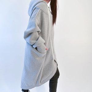 Grey Maxi Coat/french Terry Cloak/loose Warm Grey Coat/hooded Sweater ...