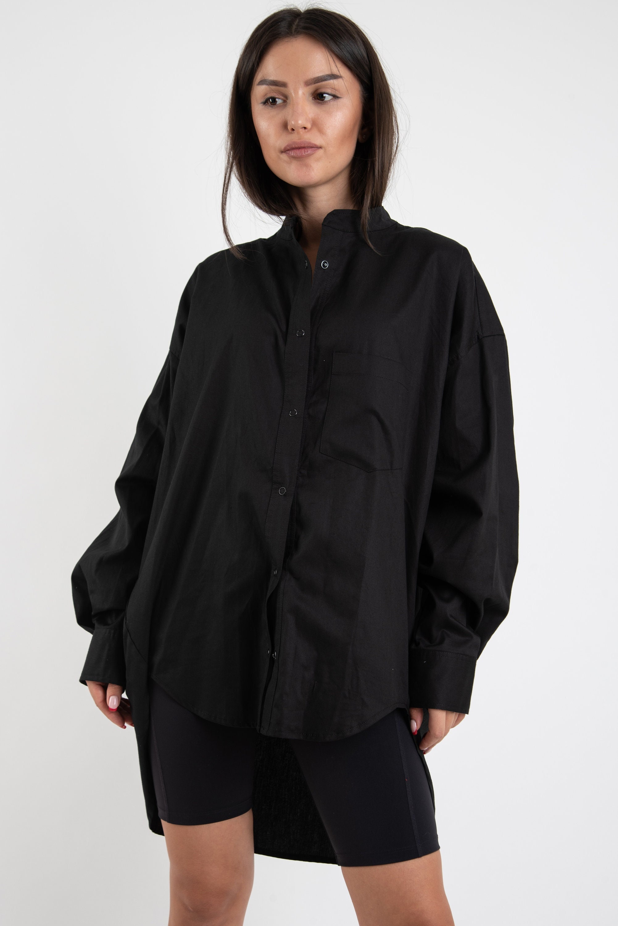 Black Cotton Oversized Shirt Dress, Handmade Minimalist Style/F2423