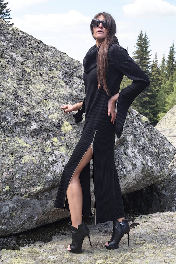 Black Sweater Dress/side Slit Dress/black Cowl Neck Dress/knit