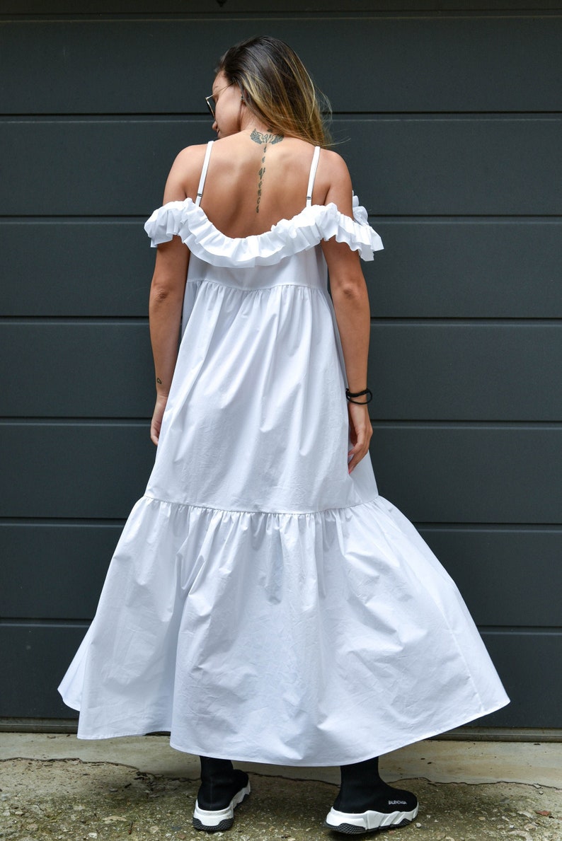 White Romantic Dress/Ruffled Dress/Off Shoulder Dress/Open Back Dress, Beach Dress/Summer Dress/Long Maxi Dress/Loose Dress/ Oversized/F2158 image 1