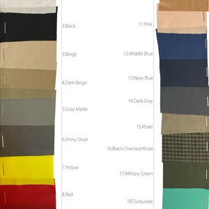 May include: A color chart of 19 different fabric swatches, labeled with numbers and names. The swatches are arranged in two columns, with the left column showing the fabric in its natural state and the right column showing the fabric after it has been treated with a waterproof finish. The fabric swatches include white, black, beige, dark beige, gray matte, shiny silver, yellow, red, wine, nude, pink, middle blue, navy blue, dark gray, khaki, black checked khaki, military green, turquoise, and teal.