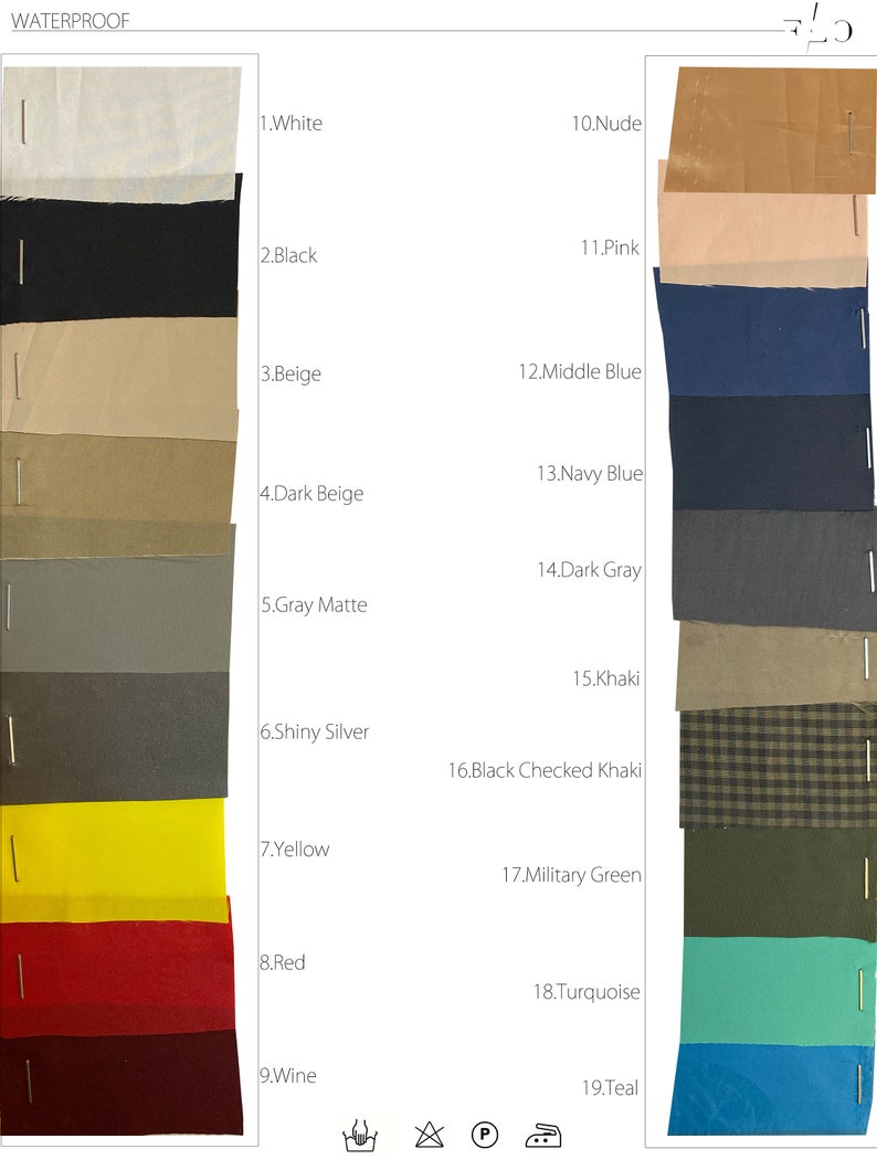 May include: A color chart of 19 different fabric swatches, labeled with numbers and names. The swatches are arranged in two columns, with the left column showing the fabric in its natural state and the right column showing the fabric after it has been treated with a waterproof finish. The fabric swatches include white, black, beige, dark beige, gray matte, shiny silver, yellow, red, wine, nude, pink, middle blue, navy blue, dark gray, khaki, black checked khaki, military green, turquoise, and teal.