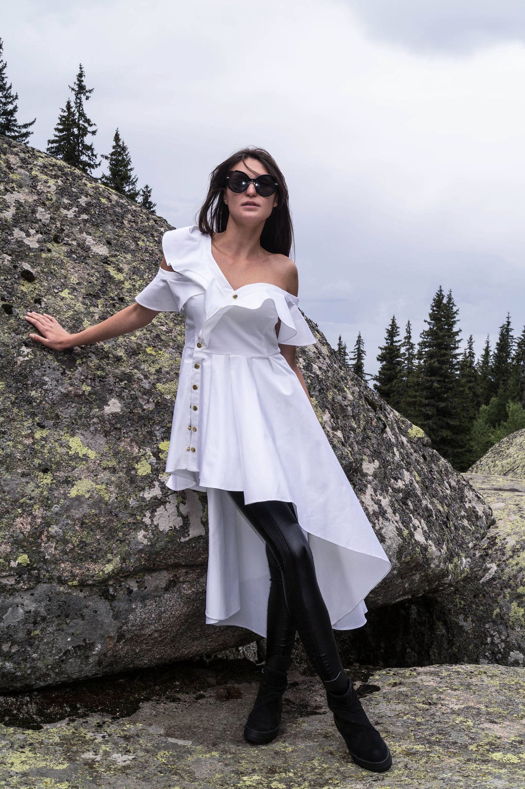 button up off the shoulder dress Off-the-Shoulder Buttoned Back Crepe Wedding Dress