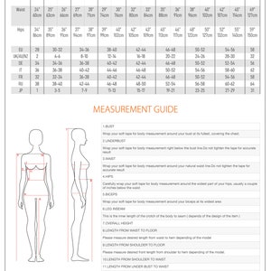 May include: Size chart for clothing with measurements in inches and centimeters. The chart includes US, UK/AU/NZ, EU, DE, IT, FR, RU, and JP sizes. The chart also includes a measurement guide with illustrations of how to measure different parts of the body.