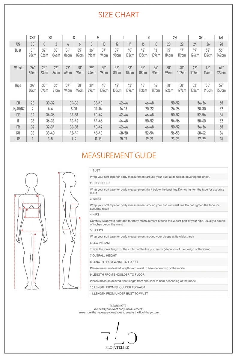 May include: Size chart for clothing with measurements in inches and centimeters. The chart includes US, UK/AU/NZ, EU, DE, IT, FR, RU, and JP sizes. The chart also includes a measurement guide with illustrations of how to measure different parts of the body.