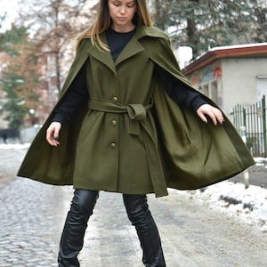 Winter Cape Coat/Green Jacket/Cape Coat/Cape Jacket/Green Fashion Cape Coat/Winter Jacket/Cloak Coat/Military Green Handcrafted Cloak/F2199 image 8