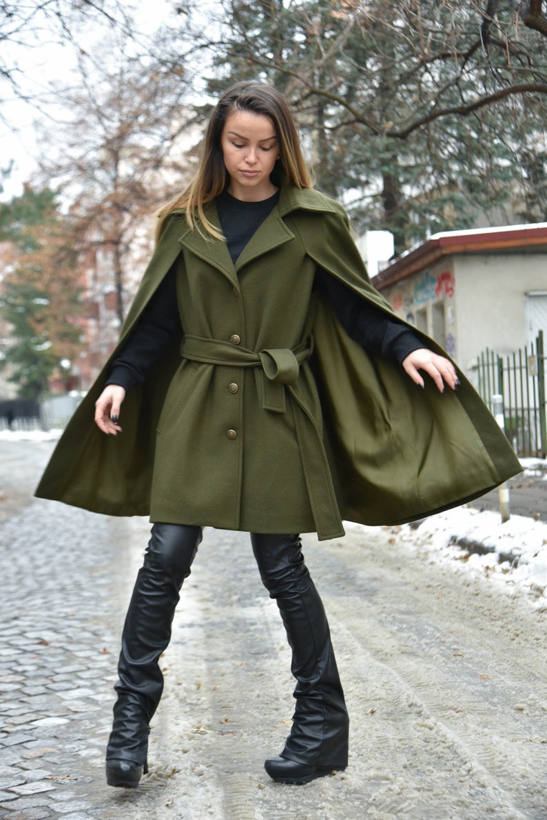 Winter Cape Coat/Green Jacket/Cape Coat/Cape Jacket/Green Fashion Cape Coat/Winter Jacket/Cloak Coat/Military Green Handcrafted Cloak/F2199 image 8