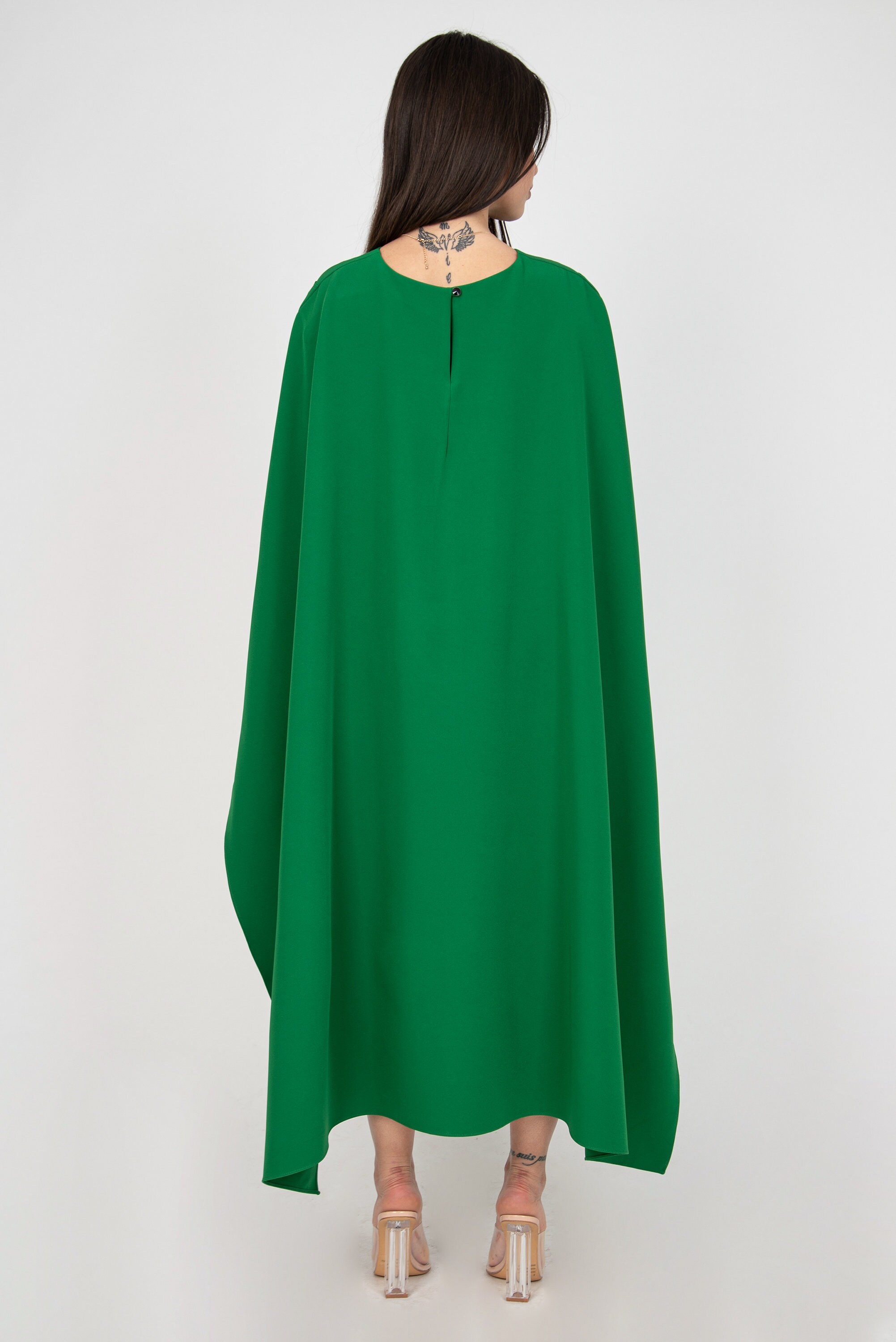 Green Cape Dress/Oversized Dress/Elegant Flowing Dress/Handmade Dress/Asymmetric Long Dress/Midi Green Dress/Green Formal Dress/F2365
