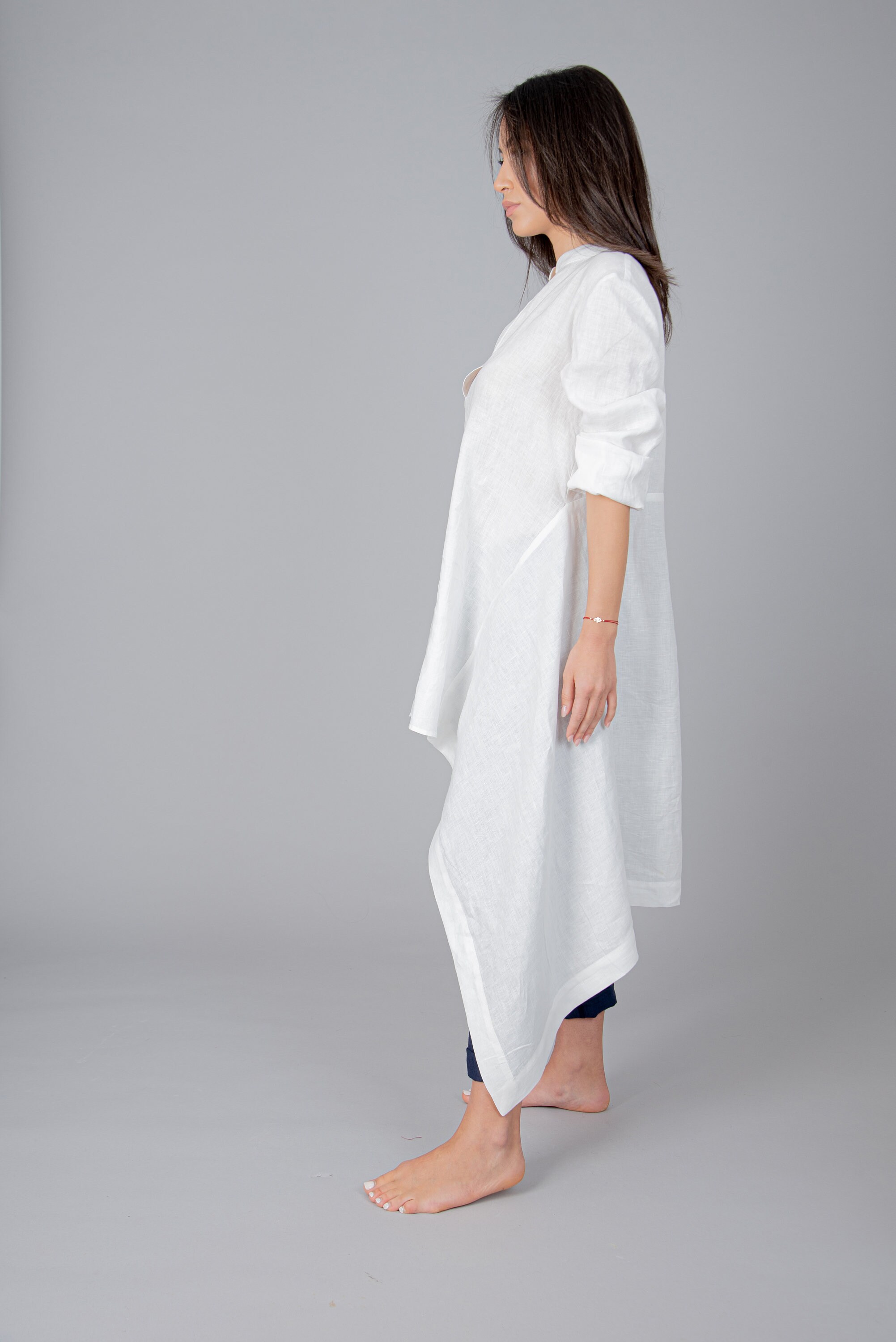 andequal docking hem tops／ white Asymmetric Linen Tunic Dress/loose Linen Tunic/long Sleeve