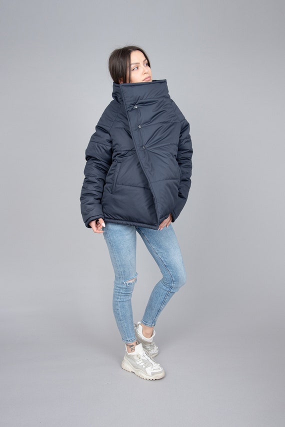 Dark Blue Quilted Jacket/Windproof Jacket/Blue Warm Jacket/High Neck Jacket/Trendy Jacket/Buttoned Jacket/Winter Jacket with Buttons/F2287