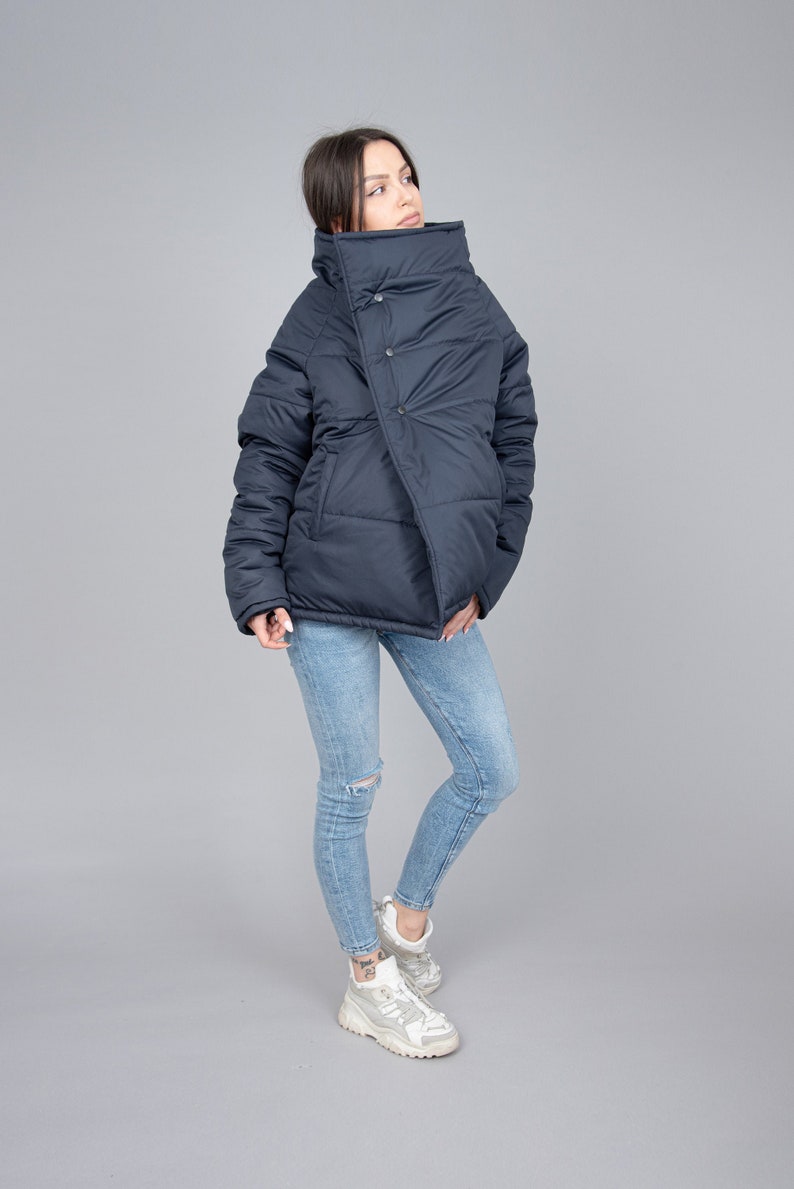 Oversized Quilted Polyester Jacket, High Neck Collar/F2287 image 1