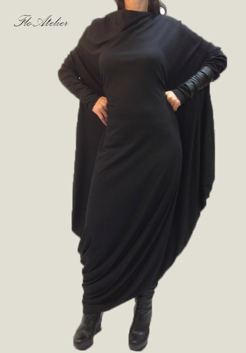 Tunique asymétrique noire / Kaftan à manches longues fait à la main / Robe surdimensionnée noire / Robe de maternité faite à la main / Robe de mode noire / Kaftan noir / F1030 image 1