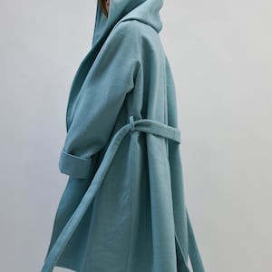 Hooded Long Wool Coat/Winter Cape Coat/Cashmere Wool Coat /Long Sleeve Trench Coat Large Pockets Coat/Casual Autumn Winter Blue Coat/F2208 image 6