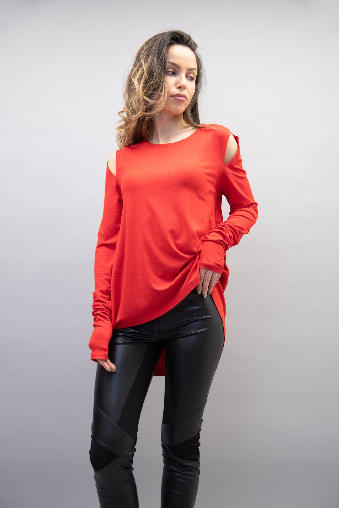 Open Shoulders Red Tunic/ Thumb Holes Shirt/ Casual Top/ Loose - Etsy
