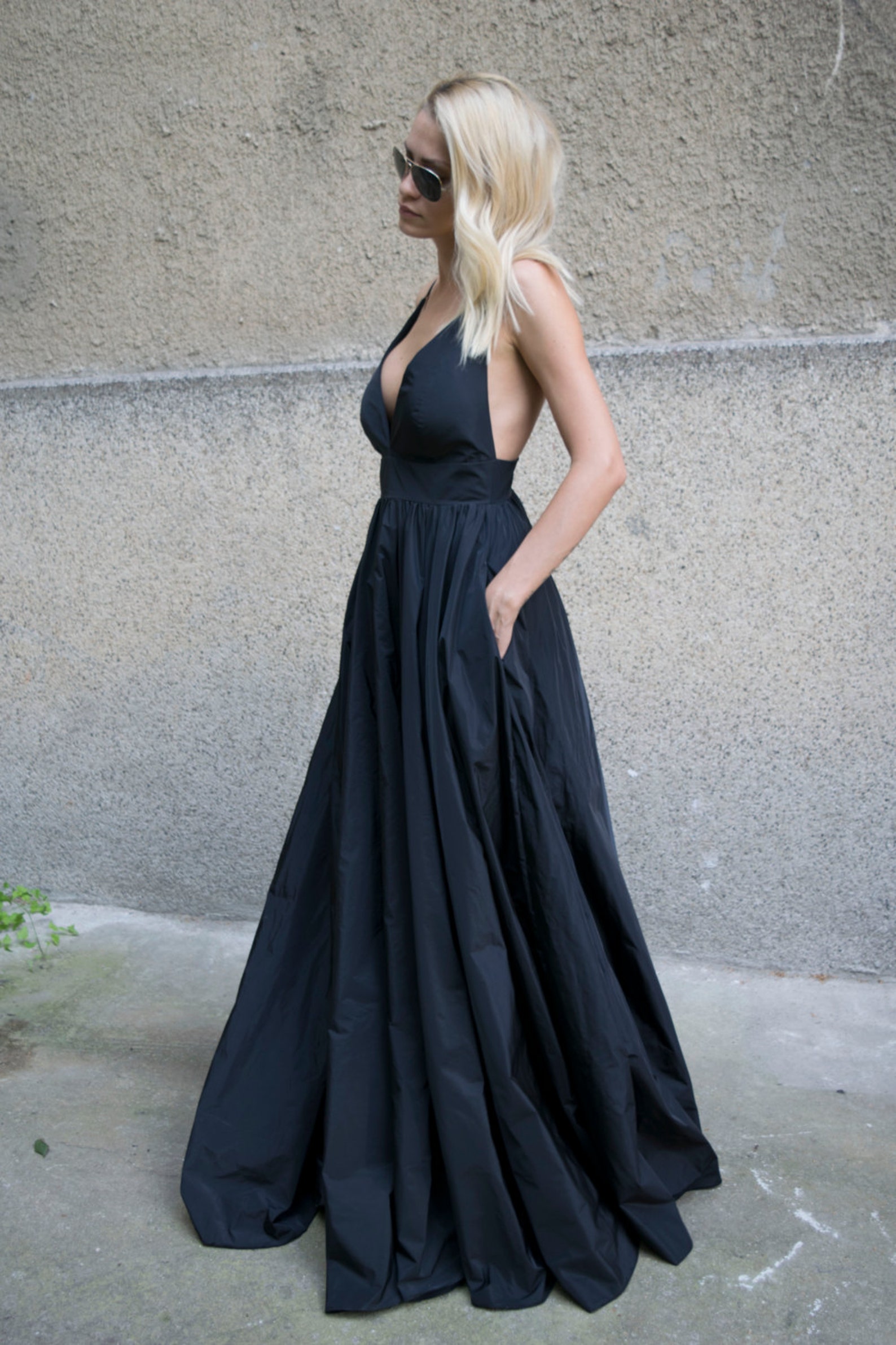 Voluminous Taveta Dress With Embroidered Black Shimmery Straps